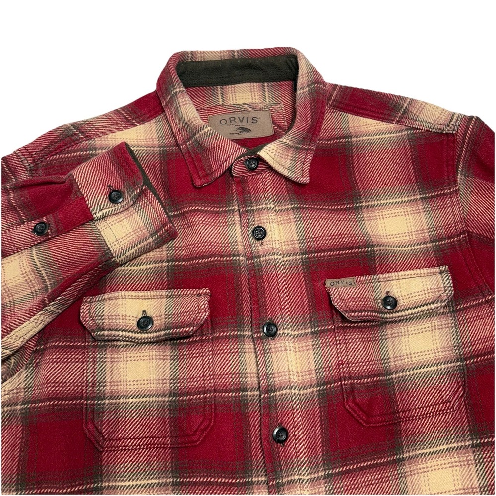 Orvis Big Bear Flannel Shirt Mens L Red‎ Tan Plaid Heavyweight Button Up Shacket